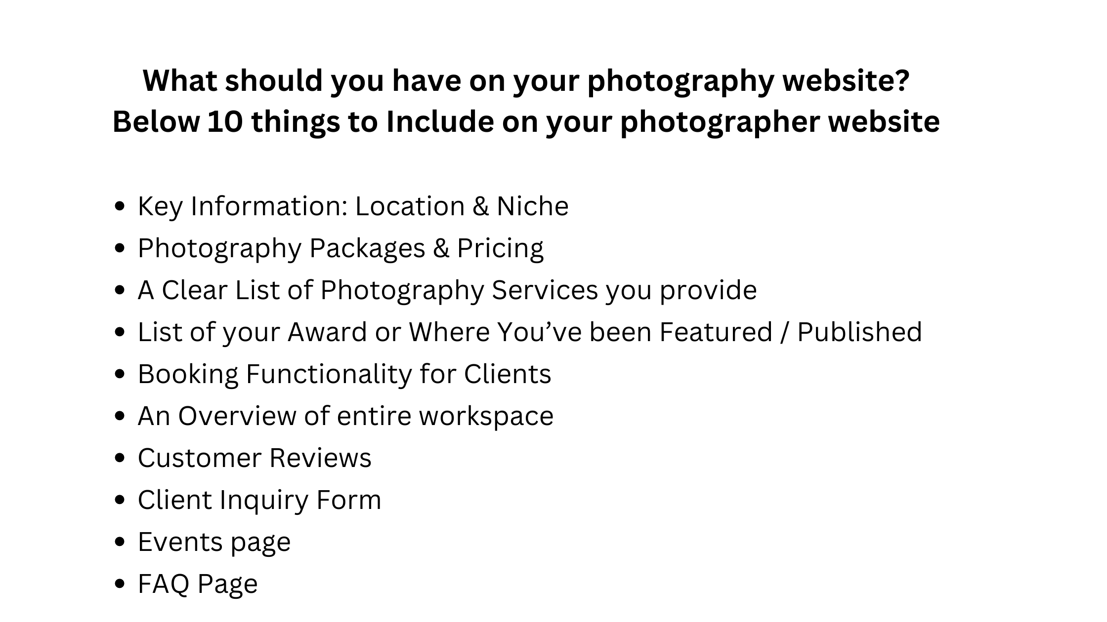 What should a photographer business website must contain?